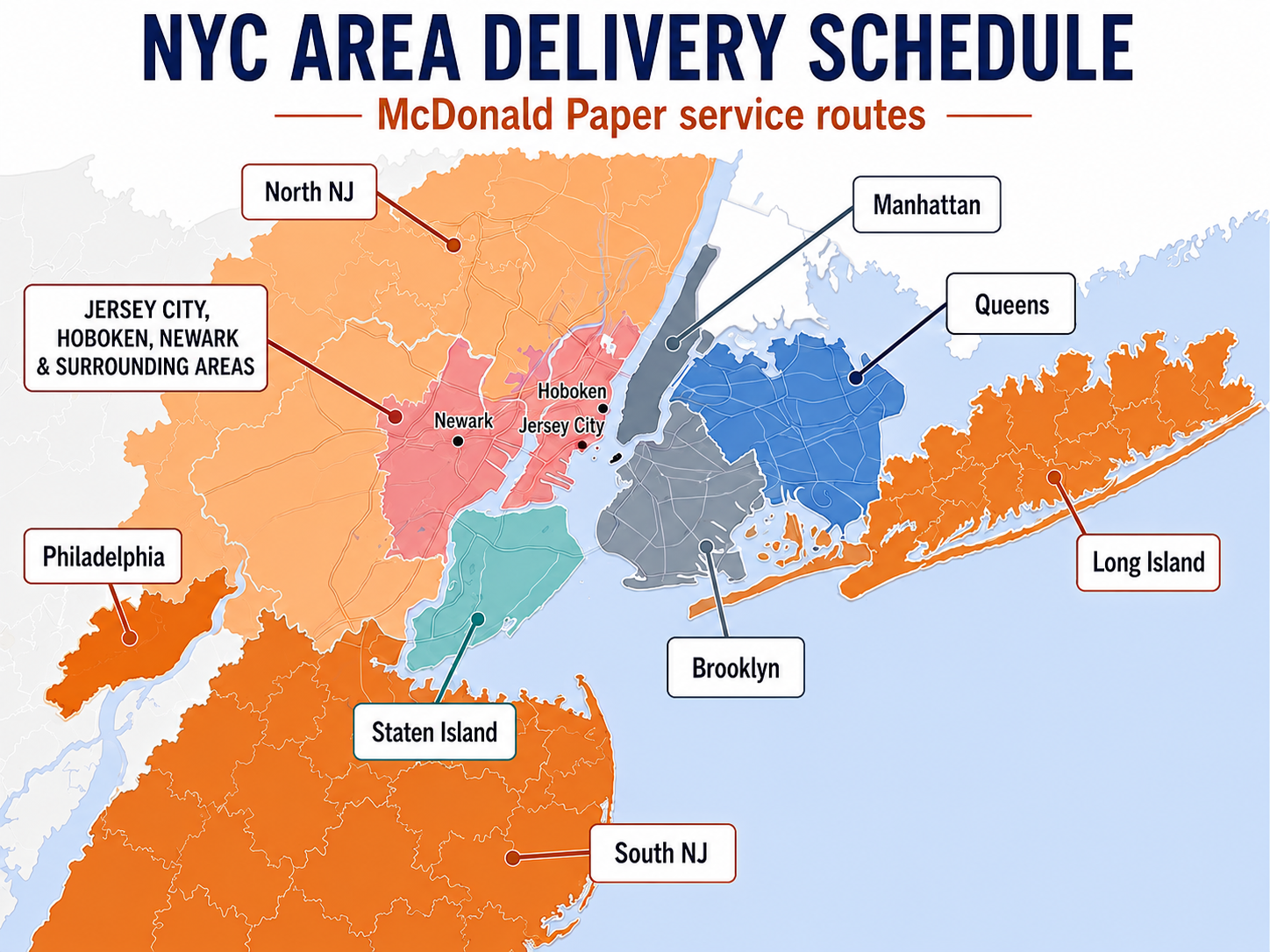McDonald Paper delivery map showing service areas in Brooklyn, Manhattan, Queens, Staten Island, Long Island, New Jersey, and Philadelphia