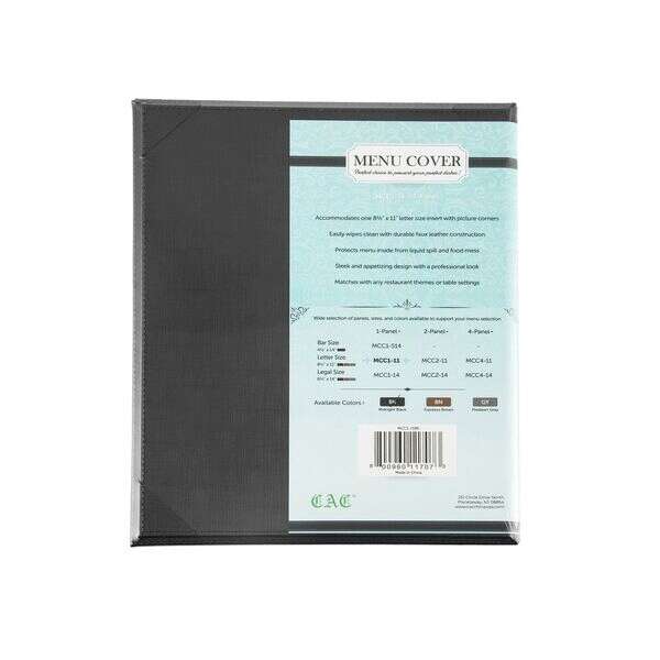 C.A.C. MCC1-11BK, 8.5x11-inch 1-Panel Faux Leather Black Menu Cover