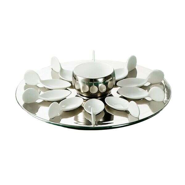 C.A.C. PTP-21-SL, 7 Oz Porcelain Silver Bowl and 10 Tasting Spoons with 12.25-Inch Round Silver Tray, 4-Set/CS