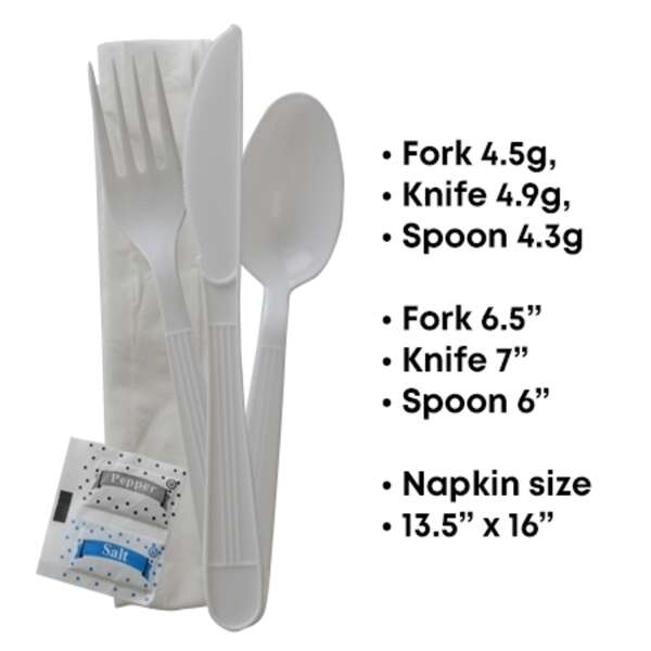 Fineline Settings 17CKFSKPPSP.WH, 8-inch ReForm Wrapped Polypropylene White Cutlery Kit (Fork, Spoon, Knife, Napkin, Salt&Pepper), 250/CS