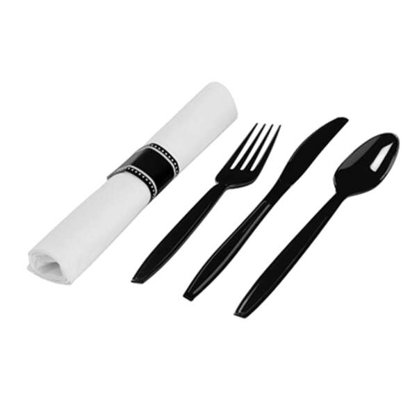 Fineline Settings 2530-BK, 8-inch Flairware Napkin Roll (Fork, Knife, Spoon), 100/CS