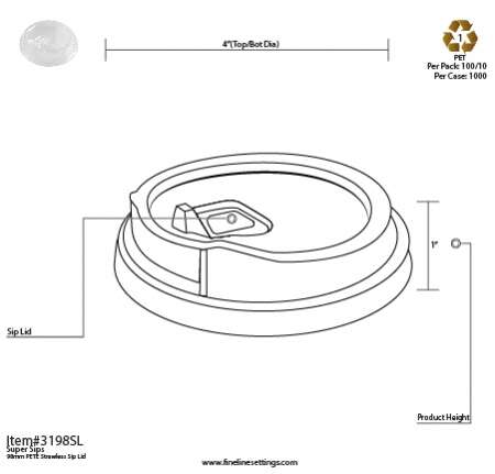 Fineline Settings 3198SL, 98 mm PETE Strawless Sip Lid for 12-24 Oz Cold Cups, 1000/CS