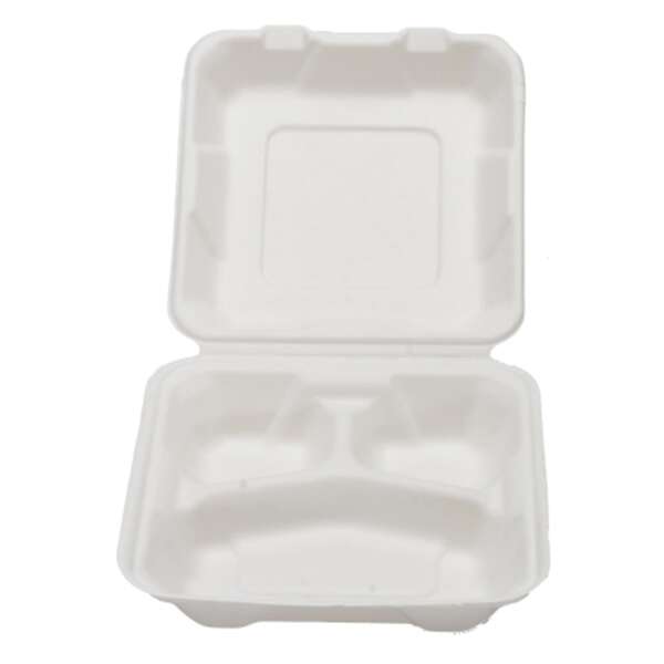 Fineline Settings 42SH8S3, 8x8x2.5-inch 3-Compartment Conserveware Bagasse Low Hinged Container, 200/CS (Discontinued)