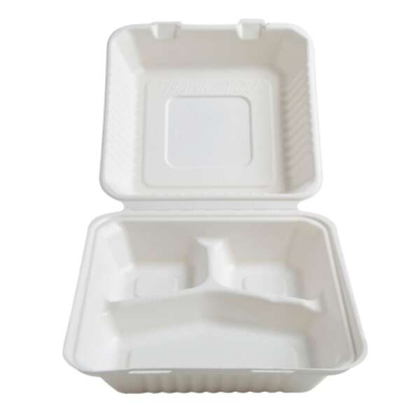 Fineline Settings 42SHD8S3, 8x8x3.1-inch 3-Compartment Conserveware Bagasse Deep Hinged Container, 200/CS (Discontinued)