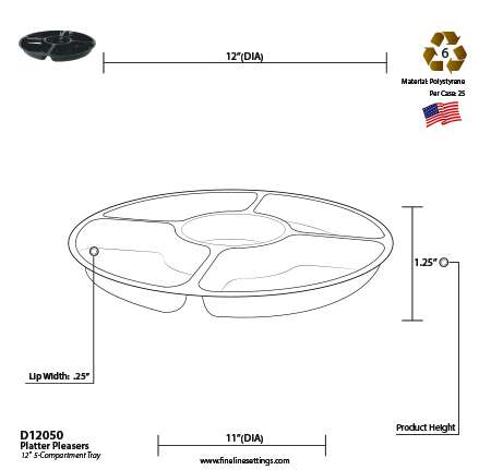 Fineline Settings D12050.BK, 12-Inch 5-Compartment Platter Pleasers Black Plastic Round Trays, 25/CS