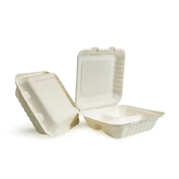 Green Wave PF-EV-B083, 8x8x3-Inch Evolution Bio Bagasse 3-Compartment Container with a Hinged Lid, 300/CS