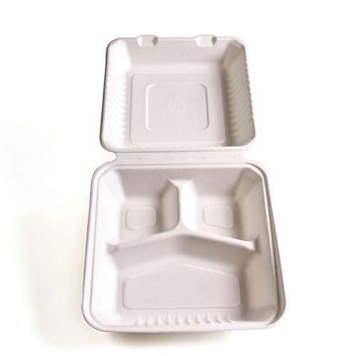 Green Wave PF-EV-B093, 9x9x3-Inch Evolution Bio Bagasse 3-Compartment Container with a Hinged Lid, 300/CS