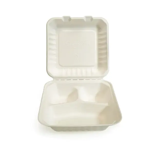 Green Wave International Green Wave PF-EV-B093, 9x9x3-Inch Evolution Bio Bagasse 3-Compartment Container with a Hinged Lid, 300/CS