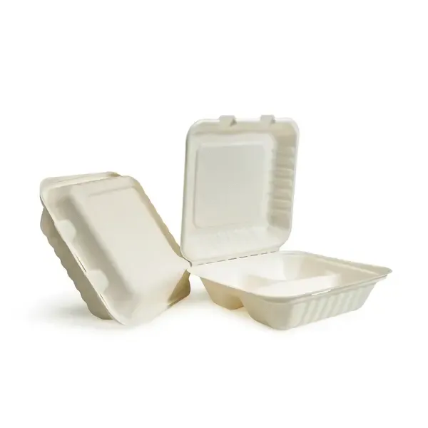 Green Wave PF-EV-B093, 9x9x3-Inch Evolution Bio Bagasse 3-Compartment Container with a Hinged Lid, 300/CS