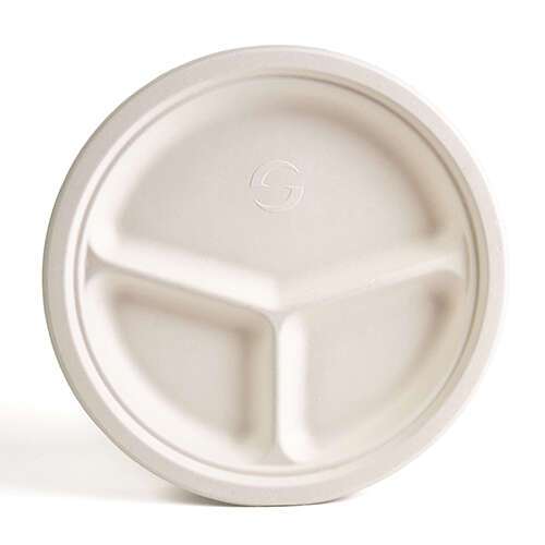Green Wave International Green Wave PF-EV-P011, 10-Inch 3-Compartment Evolution White Bio Bagasse Round Plate, 500/CS
