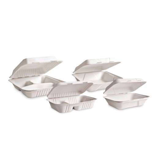 Green Wave International Green Wave TW-BOO-005 9x6x3-Inch Evolution White Bio Bagasse 2-Compartment Container with a Hinged Lid, 300/CS
