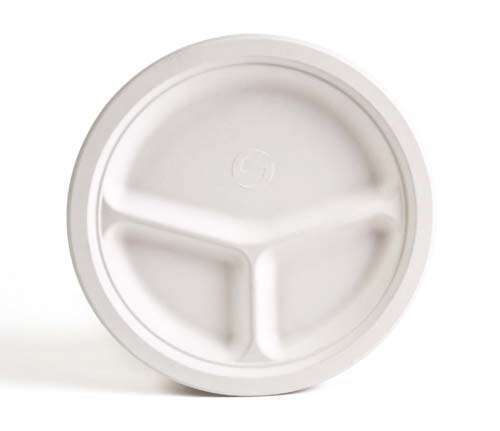 Green Wave International Green Wave TW-POO-011 9" Evolution White Bio Bagasse 3-Compartment Round Plate, 500/CS