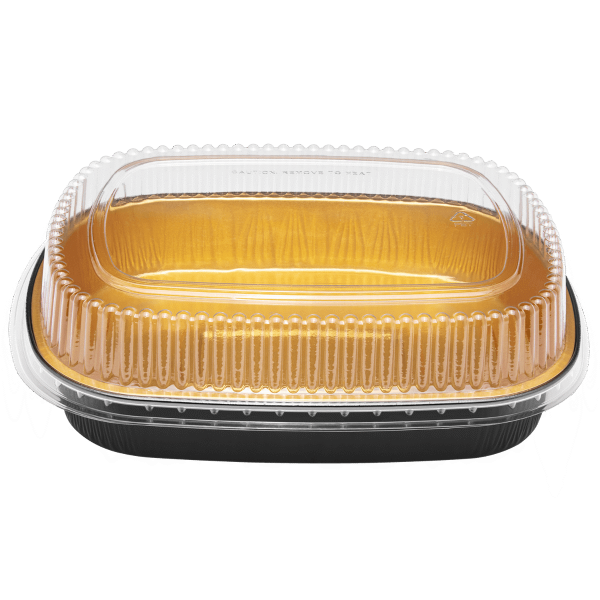 Karat AF-TOP72-COMBO, 72 Oz Black/Gold Foil Take Out Pan with Clear PET Dome Lid, 50/CS