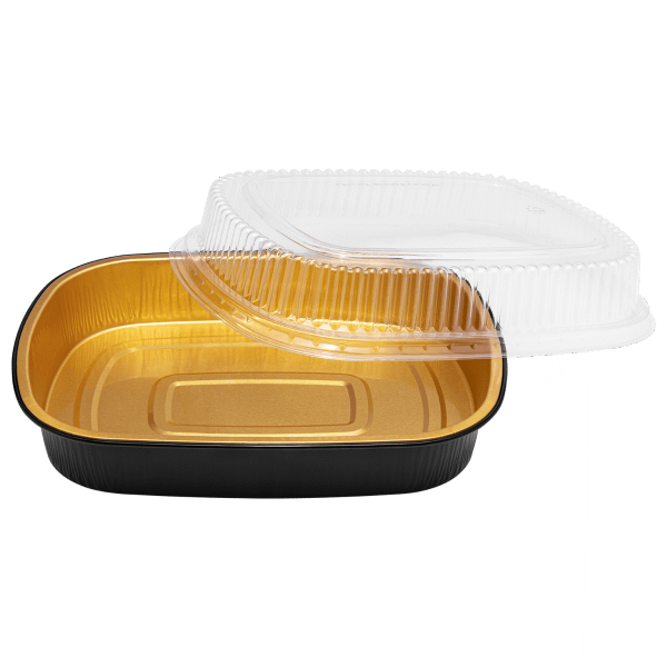 Karat AF-TOP72-COMBO, 72 Oz Black/Gold Foil Take Out Pan with Clear PET Dome Lid, 50/CS