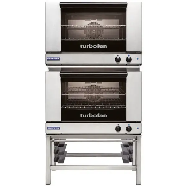 Moffat E27M2-2, Turbofan Double Deck Full Size Convection Oven with Mechanical Controls and Stainless Steel Stand, 208V, 5.4 kW