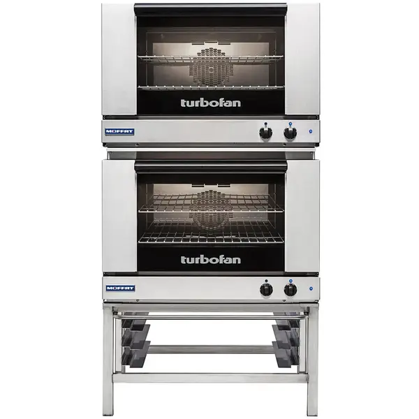 Moffat E27M3-2, Turbofan Double Deck Full Size Convection Oven with Mechanical Controls and Stainless Steel Stand, 208V, 8.4 kW