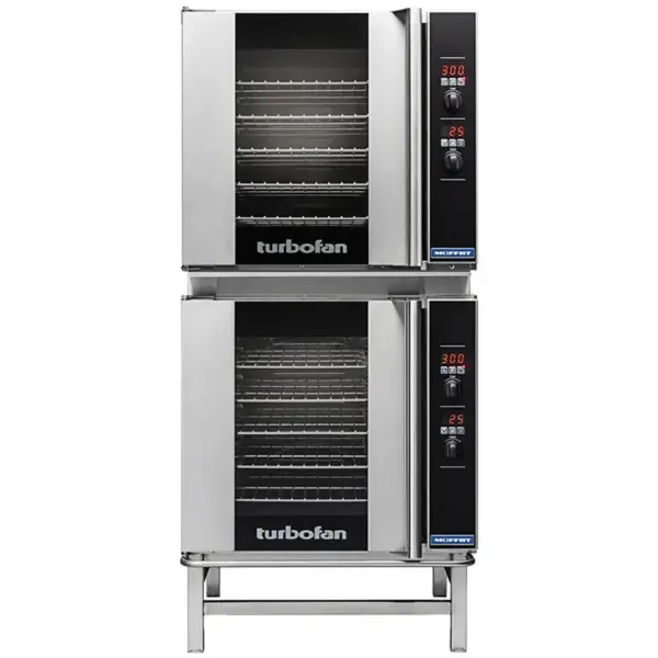 Moffat E32D5-2, Turbofan Double Deck Full Size Digital Convection Oven with Steam Injection and Stainless Steel Stand, 208V, 11.6 kW