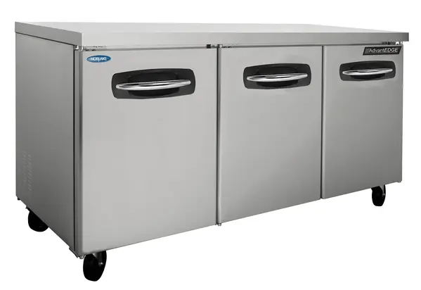 Nor-Lake AdvantEDGE NLUR72-007, 72-inch 3 Door Undercounter/Worktable Refrigerator W/Drawers on Center&Left, Lowboy