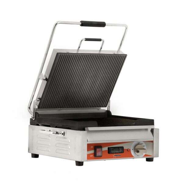 Omcan PG-CN-0679-RT, 12x15-inch Electric Single Panini Grill with Ribbed Grill Surface and Timer