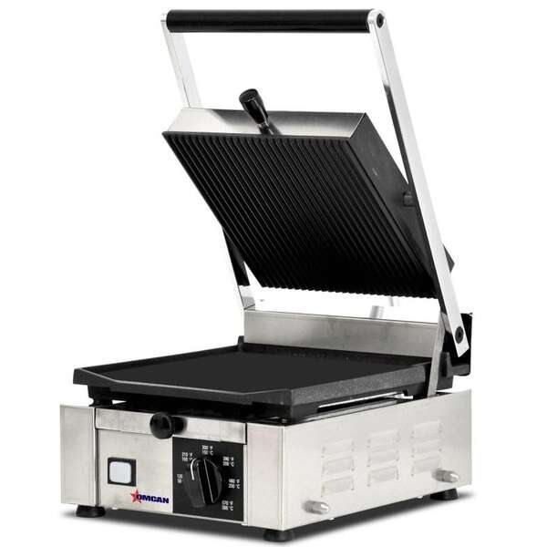 Omcan PG-IT-0483, 10x9-inch Electric Single Panini Grill with Ribbed Top and Smooth Bottom Surface