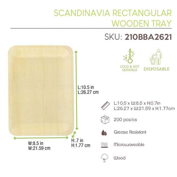 PacknWood 210BBA2621, 10.5x8.5x0.7-Inch "Scandinavia" Rectangular Wooden Tray, 200/CS