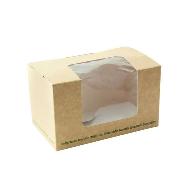 PacknWood 210BLSQ1K, 24 Oz Brown Compostable Wrap Box With PLA Window, 500/CS