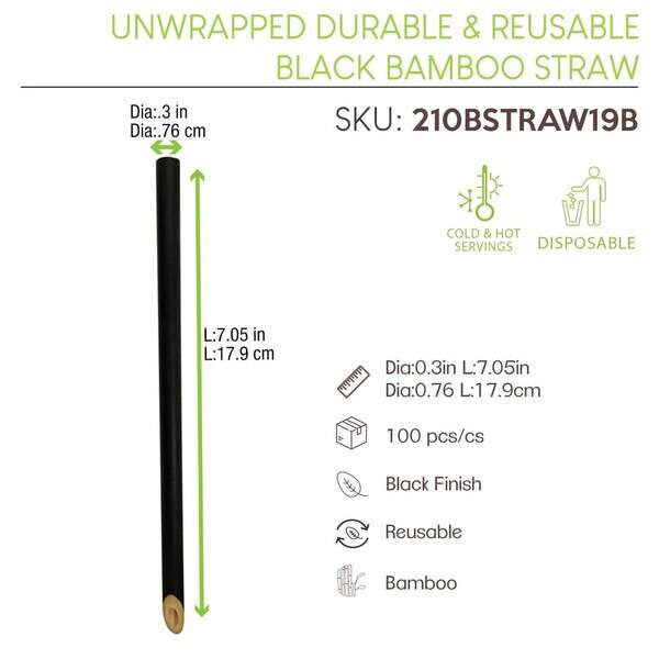 PacknWood 210ВЅTRAW19B, 7.05x0.3-Inch Unwrapped Reusable Black Bamboo Straw, 100/CS