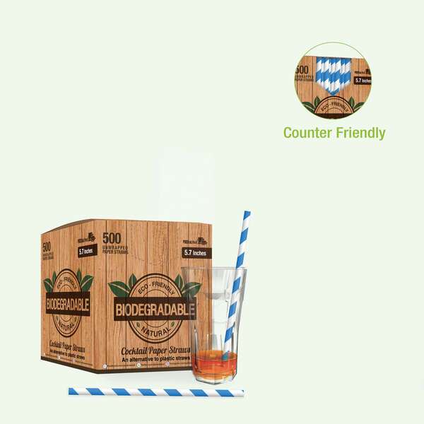 PacknWood 210CHP14BLUT, 5.7x0.23-Inch Blue & White Striped Cocktail Paper Straws - Unwrapped, 3000/CS