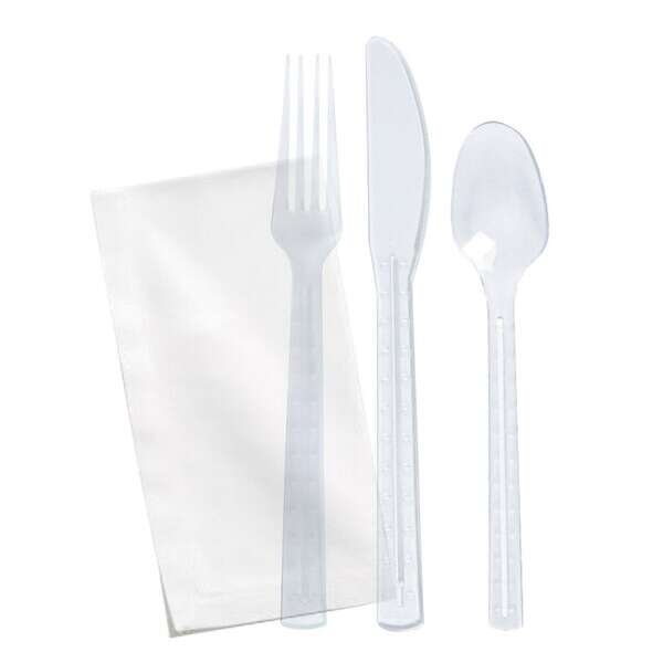 PacknWood 210CV9K6T, 7.87x1.96-Inch Wrapped Clear Cutlery Kit 6/1 (Knife, Fork, Spoon, Napkin + Salt & Pepper), 250/CS