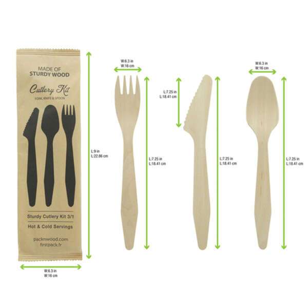 PacknWood 210CVB19K3K, 7-inch Heavy Weight Wooden Cutlery Kit (Knife, Fork, Spoon), 250/CS