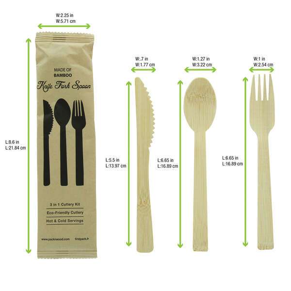 PacknWood 210CVBJNK4K, "Anji" Wrapped Bamboo Cutlery Kit 4/1 (Knife, Fork, Spoon, Napkin), 100/CS