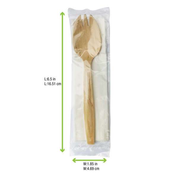 PacknWood 210CVBK2, 6.5-Inch Wooden Spork Individually Wrapped with Napkin, 250/CS