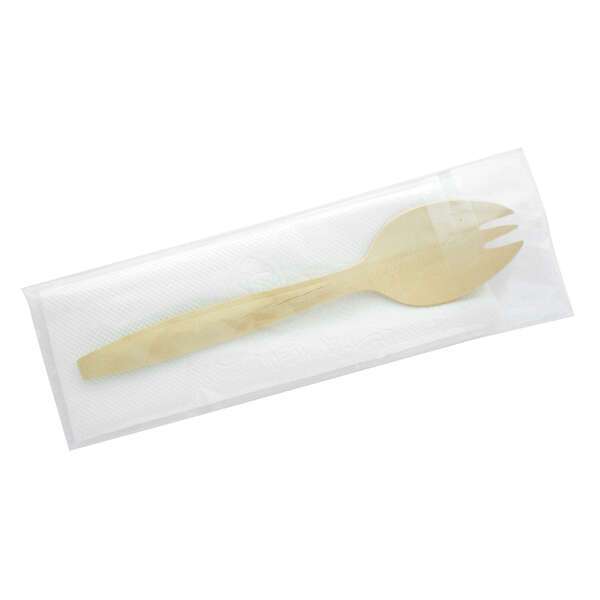 PacknWood 210CVBK2, 6.5-Inch Wooden Spork Individually Wrapped with Napkin, 250/CS