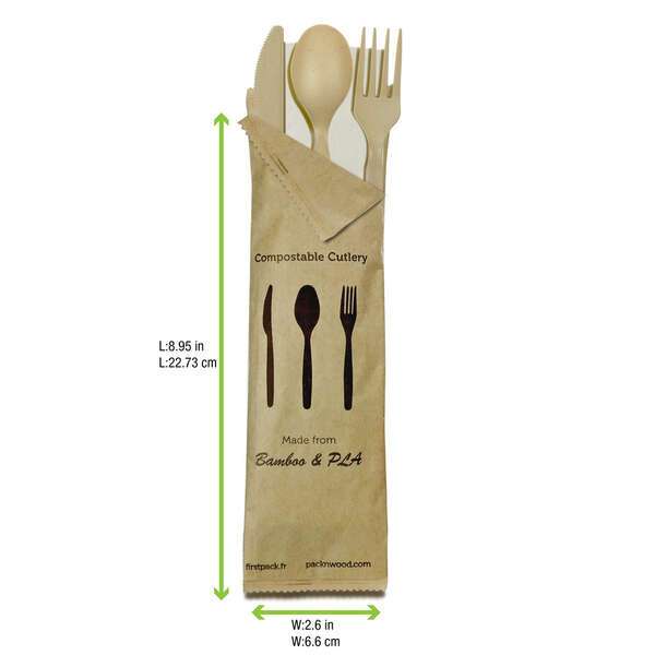 PacknWood 210CVPLK416BB, Bamboo Fiber 4/1 Cutlery Kit with Kraft Bag (Knife, Fork, Spoon, Napkin), 250/CS