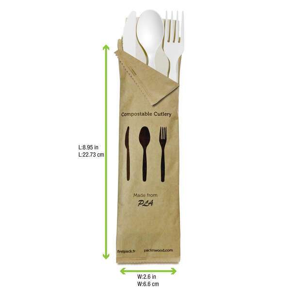 PacknWood 210CVPLK416W, White 4/1 Cutlery Kit with Kraft Bag (Knife, Fork, Spoon, Napkin), 250/CS