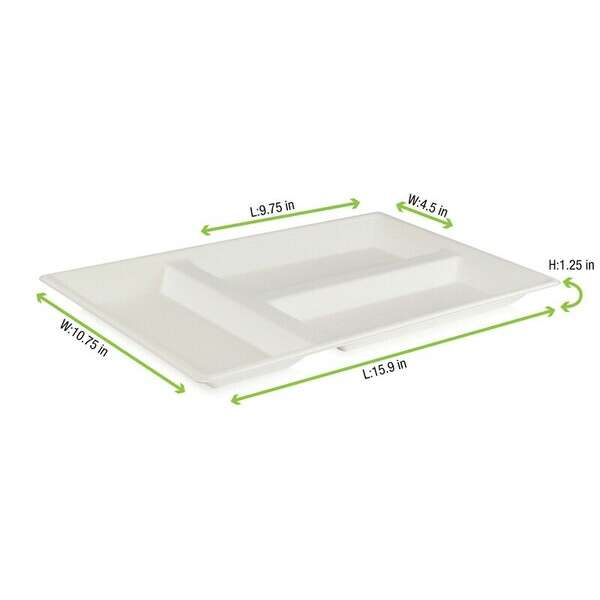 PacknWood 210ECOD4029, 15.7x10.6x1.1-Inch Eco-Design White Sugarcane Compartment Tray, 100/CS (Discontinued)