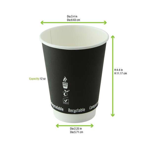 PacknWood 210GCDW12N, 12 Oz Double Wall Black Compostable Paper Cup, 500/CS