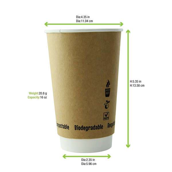 PacknWood 210GCDW16K, 16 Oz Double Wall Kraft Compostable Paper Cup, 500/CS (Discontinued)