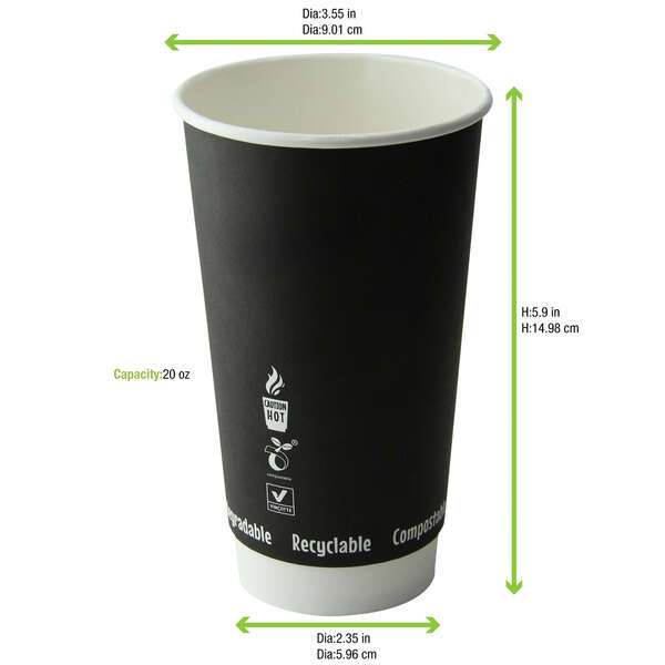 PacknWood 210GCDW20N, 20 Oz Double Wall Black Compostable Paper Cup, 500/CS