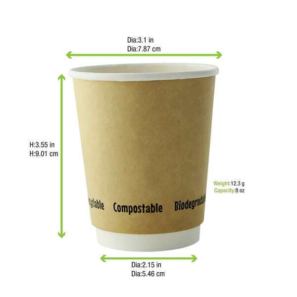PacknWood 210GCDW8K, 8 Oz Double Wall Kraft Compostable Paper Cup, 500/CS (Discontinued)