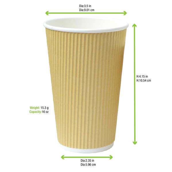 PacknWood 210GCRPLA16K, 16 Oz Compostable Rippled Kraft Cup, 500/CS