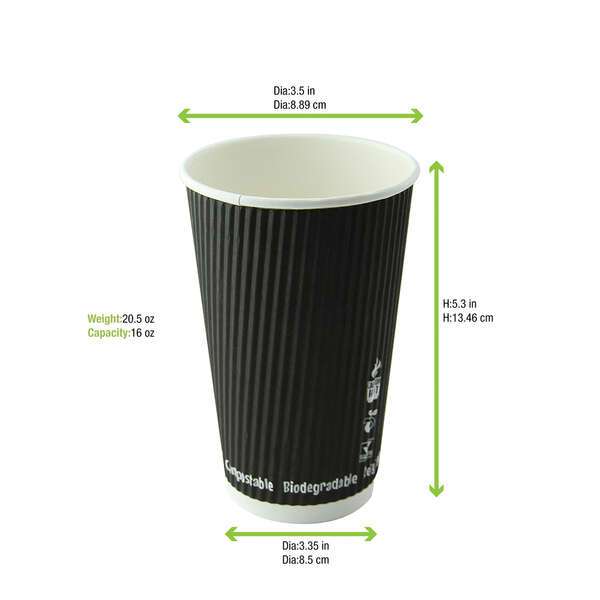 PacknWood 210GCRPLA16N, 16 Oz Compostable Rippled Black Cup, 500/CS