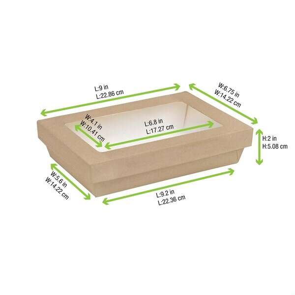 PacknWood 210KARECB2215, 50 Oz Rectangular Kraft Kray Boxes with PET Window Lid, 200/CS