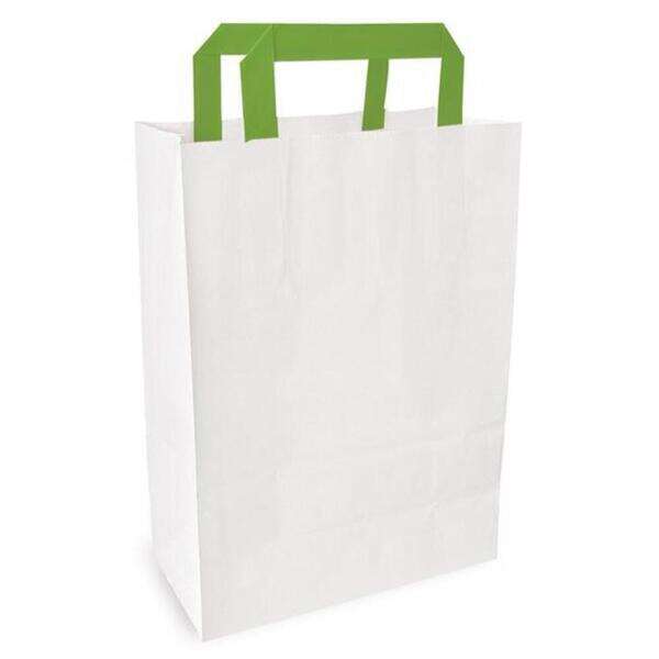 PacknWood 210MCABB20, 8-inch White Recycled Paper Carrier Bag with Green Handles, 250/CS