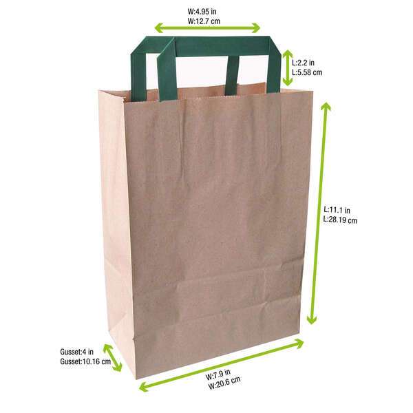 PacknWood 210MCABB20BR, 8-inch Kraft Recycled Paper Carrier Bag with Green Handles, 250/CS