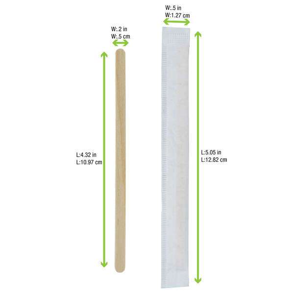 PacknWood 210SPATB11E, 4-inch Individually Wrapped Wooden Coffee Stirrers, 10000/CS