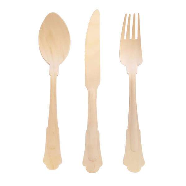 PacknWood 210WRENK44, 8.5-inch Wrapped Elegant Wooden Cutlery Set (Fork, Knife, Spoon, Napkin), 100/PK