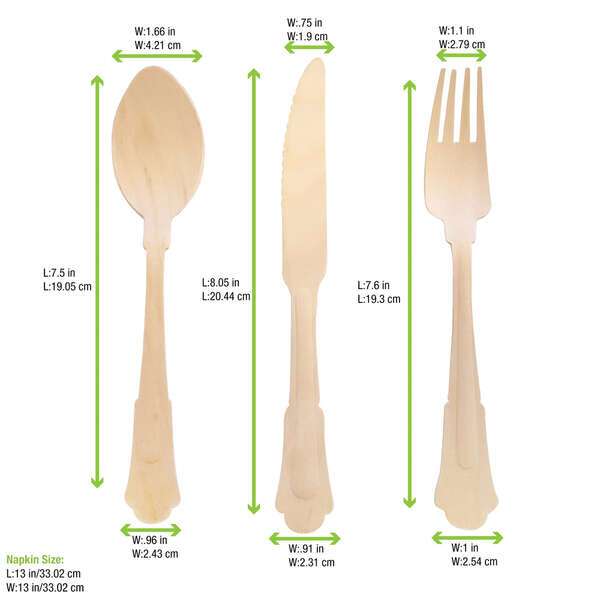 PacknWood 210WRENK44, 8.5-inch Wrapped Elegant Wooden Cutlery Set (Fork, Knife, Spoon, Napkin), 100/PK