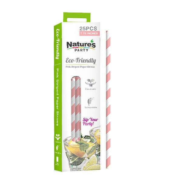 PacknWood 8NPCHP19PK1, 7.75-inch Unwrapped Pink & White Striped Paper Straws, 300/CS