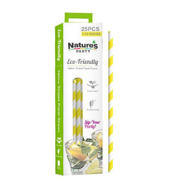 PacknWood 8NPCHP19Y1, 7.75-inch Unwrapped Yellow & White Striped Paper Straws, 300/CS